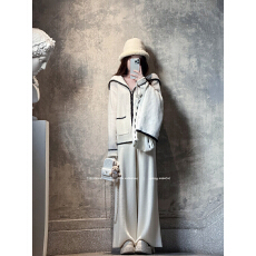批发YIKOwow CocoHoodie 1OO羊毛海军领双拉链小香风<b class='q'>开衫</b>直筒裤套装