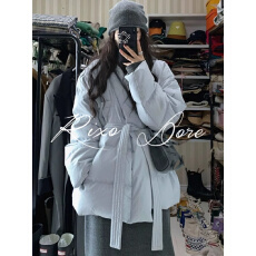 批发女秋冬季棉衣棉服腰带蓝色高级感加绒复古设计外套