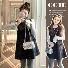 批发现~·实拍中亮片蝴蝶结毛呢背心连衣裙<b class='q'>百搭</b>花边打底衫孕妇两件套