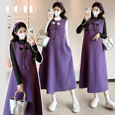 大量现现 实拍温柔紫毛绒感显瘦孕妇两件套连衣裙