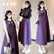 大量现现 实拍温柔紫毛绒感显瘦孕妇两件套连衣裙