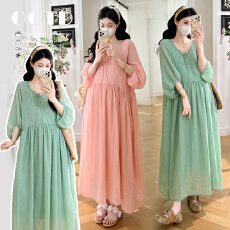 批发现现~~2026春夏新款纯苎麻纯色<b class='q'>大码</b>V领系带<b class='q'>连衣裙</b>宽松孕妇裙