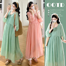 批发现现~~2026春夏新款纯苎麻纯色<b class='q'>大码</b>V领系带<b class='q'>连衣裙</b>宽松孕妇裙