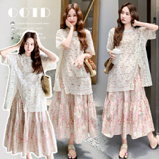 批发现现~图片已处理2026蕾丝短袖<b class='q'>上衣</b>+碎花半身裙<b class='q'>孕妇</b><b class='q'>套装</b>（可调节）