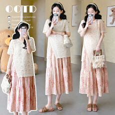 批发现现~实拍2026夏蕾丝短袖<b class='q'>上衣</b>+碎花半身裙<b class='q'>孕妇</b><b class='q'>两件套装</b>（可调节）