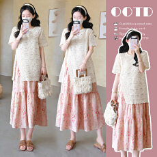 批发现现~实拍2026夏蕾丝短袖<b class='q'>上衣</b>+碎花半身裙<b class='q'>孕妇</b><b class='q'>两件套装</b>可调节