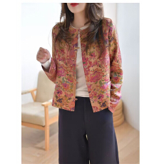 批发复古国风新中式印花开衫<b class='q'>外套</b>女秋装新款设计感圆领印花短款上衣