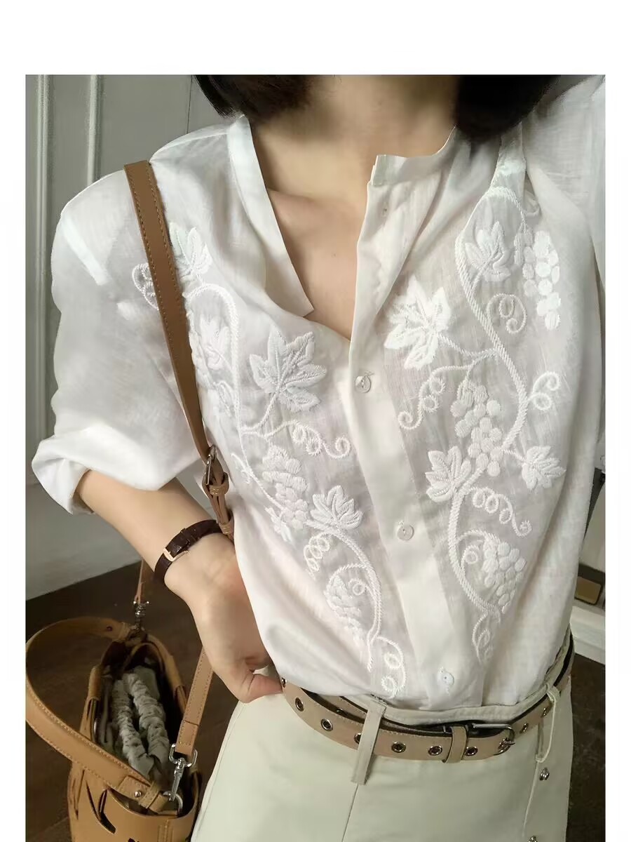 프랑스식 무거운 작업 자수 셔츠 미니멀리즘 패션 품격 루즈핏 우아한 작은 대중 디자인 7부 소매 맨위