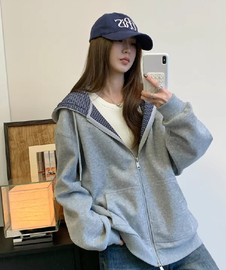 체크무늬 패치워크 디자인 느긋한 후드 티 스웨터 여성 가을 miu 부서 회색 지퍼 작은 대중 카디건 코트