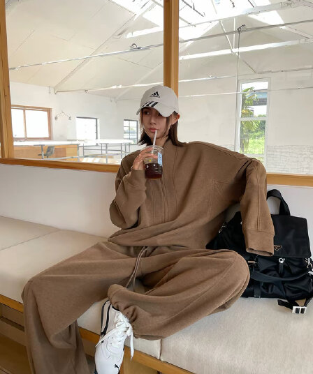 jccc 그림자 따뜻한 커피 휴일 가을 겨울 커피 색상 하프 지퍼 스탠드 칼라 프로필 모양 후드티 캐주얼 웨이 바지 세트