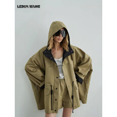 批发<b class='q'>明星</b><b class='q'>同款</b>LEDIM WANG双色连帽阔版卡其风衣外套女26秋新款上衣