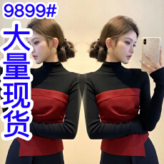 批发韩系小众不撞款上衣内搭打底衫黑色拼接半高领褶皱长袖<b class='q'>t</b><b class='q'>恤</b>女秋冬