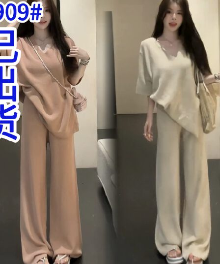 huihui 새로운 느긋한 와이드 레그 팬츠 세트 작은 대중 루즈핏 캐주얼 바람 반팔 한 부서 세트