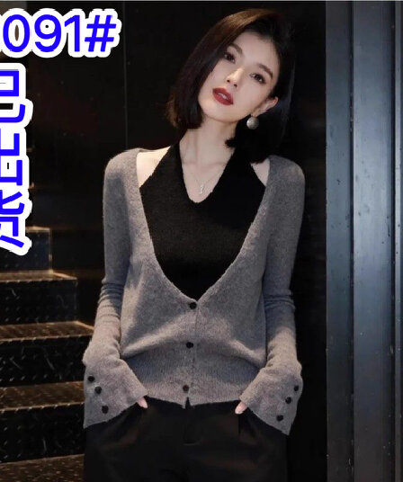 프랑스식 페이크 레이어드 V넥 행침 목 니트 스웨터 여성 봄 가을 패션 마이크로 지방 mm 슬림해 보이는 연령 감소 다용도 스웨터 맨위