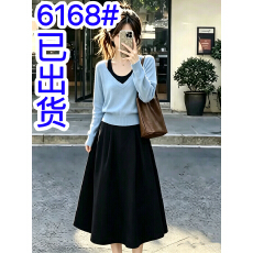 批发巨好看的轻熟早秋撞色假两件长袖针织开衫女秋冬修身内搭毛衣<b class='q'>套装</b>