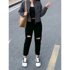 批发破洞<b class='q'>哈伦</b>牛仔裤女老爹弹力宽松梨型身材胖妹妹遮胯高腰显瘦小脚裤