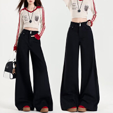 批发港风潮流秋冬黑色牛仔阔腿长<b class='q'>裤</b>女<b class='q'>韩版</b>ns潮高街纯色基础拖地直筒<b class='q'>裤</b>