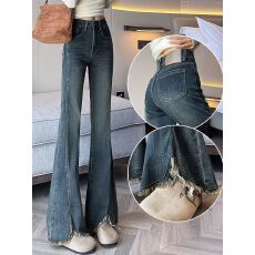 批发<b class='q'>胖</b><b class='q'>mm</b>大码美式微喇牛仔裤女高腰弹力显瘦开叉显瘦宽松毛边喇叭裤子