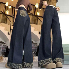 批发复古豹纹拼接卷边<b class='q'>牛仔裤</b><b class='q'>女</b>夏季慵懒松弛感高腰拖地阔腿弯刀裤裤子