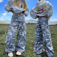 批发牛仔阔腿<b class='q'>长裤</b><b class='q'>女</b>文艺潮流日系原宿春夏<b class='q'>女</b>美式复古工装迷彩拖地裤子