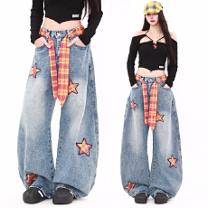 批发实拍 星星图案阔腿薄款<b class='q'>牛仔裤</b><b class='q'>女</b>秋季2025高腰做旧直筒裤潮