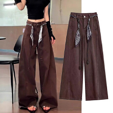 批发美式复古巧克力色阔腿休闲裤<b class='q'>女</b>秋季新款松弛感高腰宽松显瘦直筒裤
