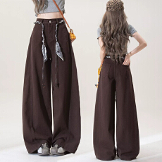 批发美式复古巧克力色阔腿休闲裤<b class='q'>女</b>秋季新款松弛感高腰宽松显瘦直筒裤