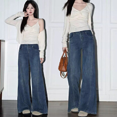 批发设计感高街设计感百搭阔腿<b class='q'>牛仔裤</b>女春秋季新款拼接<b class='q'>显瘦</b>拖地<b class='q'>牛仔裤</b>