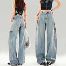 批发个性百搭高腰阔腿<b class='q'>牛仔裤</b>女春秋季新款遮肉<b class='q'>显瘦</b>宽松弯刀<b class='q'>牛仔裤</b>潮