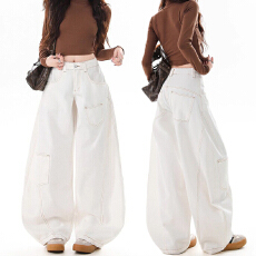 批发白色弯刀<b class='q'>牛仔裤</b>女街头垂感高腰<b class='q'>显瘦</b>宽松美式复古明线解构阔腿长裤