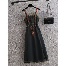 批发牛仔吊带裙夏法式复古薄款毛边开叉长裙美式甜辣裙流苏背带裙
