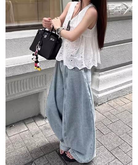아메리칸 높음 거리 넓은 다리 청바지 여성 봄 가을 새로운 지불 루즈핏 하이웨이스트 디자인 센스 슬림해 보이는 바닥 청소 청바지