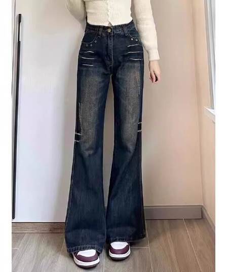 출퇴근 웃음 하 ins 트렌디 트렌드 하이 웨이스트 청바지 여성 봄 가을 새로운 슬림해 보이는 패션 바닥 청소 청바지 트렌디
