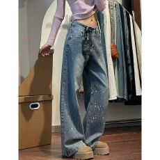 批发ins潮通勤个性爆款带钻<b class='q'>镶钻</b><b class='q'>牛仔裤</b>女春秋款显瘦时尚拖地<b class='q'>牛仔裤</b>潮