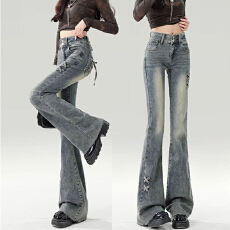 批发通勤休闲ins风高腰双扣微喇牛仔裤女春秋新款显瘦显高微喇牛仔裤