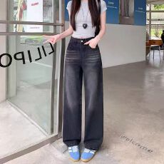 批发水洗高腰黑灰色阔腿牛仔裤女<b class='q'>冬</b>显垂感显瘦设计宽松拖地长裤