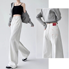 批发2026年新款春夏软牛仔<b class='q'>白</b>色高腰窄版阔腿牛仔裤女拖地直筒裤长<b class='q'>裤子</b>