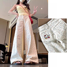 批发<b class='q'>白</b>色蝴蝶结碎花<b class='q'>裤子</b>女2026新款夏季韩系甜美高腰直筒阔腿牛仔<b class='q'>裤子</b>