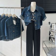 批发2026春夏港味复古短款上衣小个子翻领宽松韩版短袖牛仔外套衬衫女