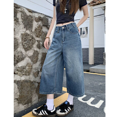 批发2026春夏季新款美式复古水洗做旧质感高腰宽松阔<b class='q'>腿</b>七分牛仔<b class='q'>裤</b>女潮