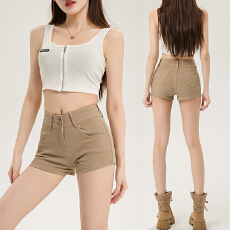 批发卡其色牛仔短裤女韩版2026春夏辣妹弹力高腰两粒扣紧身包臀热裤潮