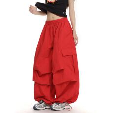 批发优质美式复古机能红色工装裤<b class='q'>女</b>春夏季宽松嘻哈直筒阔腿休闲运动裤