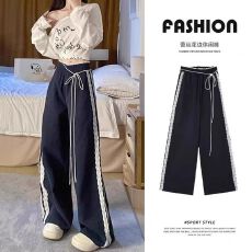 批发优质原版春夏新款设计感小众松紧腰系带蕾丝边拼接运动休闲长裤<b class='q'>女</b>