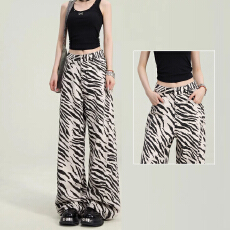 批发美式斑马纹高腰阔腿<b class='q'>牛仔裤</b>女春秋季2026新款时髦宽松<b class='q'>显瘦</b>拖地裤子