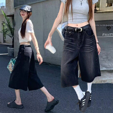 批发大码美式复古水洗黑色牛仔七分裤<b class='q'>女</b>夏季宽松百搭直筒休闲阔腿<b class='q'>短裤</b>