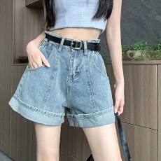 批发<b class='q'>松紧</b>收腰牛仔短裤女宽松卷边阔腿热裤复古2025夏季薄款高腰a字裤