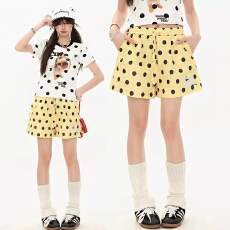 批发立体腰头-韩系小众设计感波点印花抽绳松紧腰三分裤辣妹<b class='q'>夏</b>季短裤