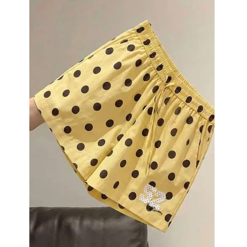 3 차원 허리 머리 일본식 레트로 도트 무늬 밴딩 펌프 로프 바지 여름 새로운 하이웨이스트 다용도 루즈핏 넓은 다리가 짧다. 바지