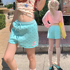 批发立体腰头-潮牌波点印花抽绳三分裤女2026<b class='q'>夏</b>季辣妹多巴胺直筒短裤