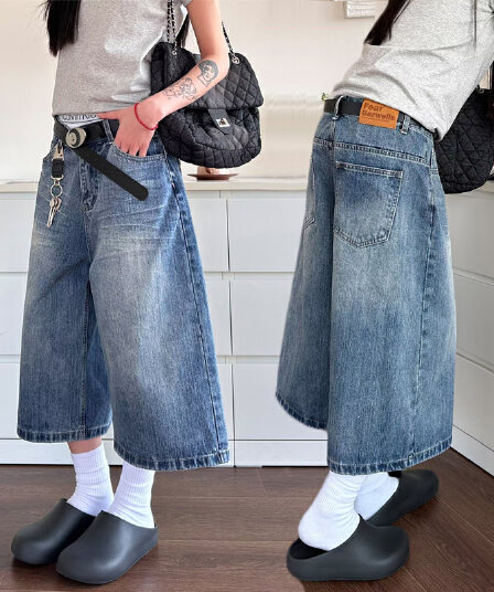 빅 사이즈 아메리칸 레트로 넓은 다리 데님 반바지 여성 새로운 여름 지방 mm 루즈핏 5 점 바지 7 점 와이드 레그 팬츠
